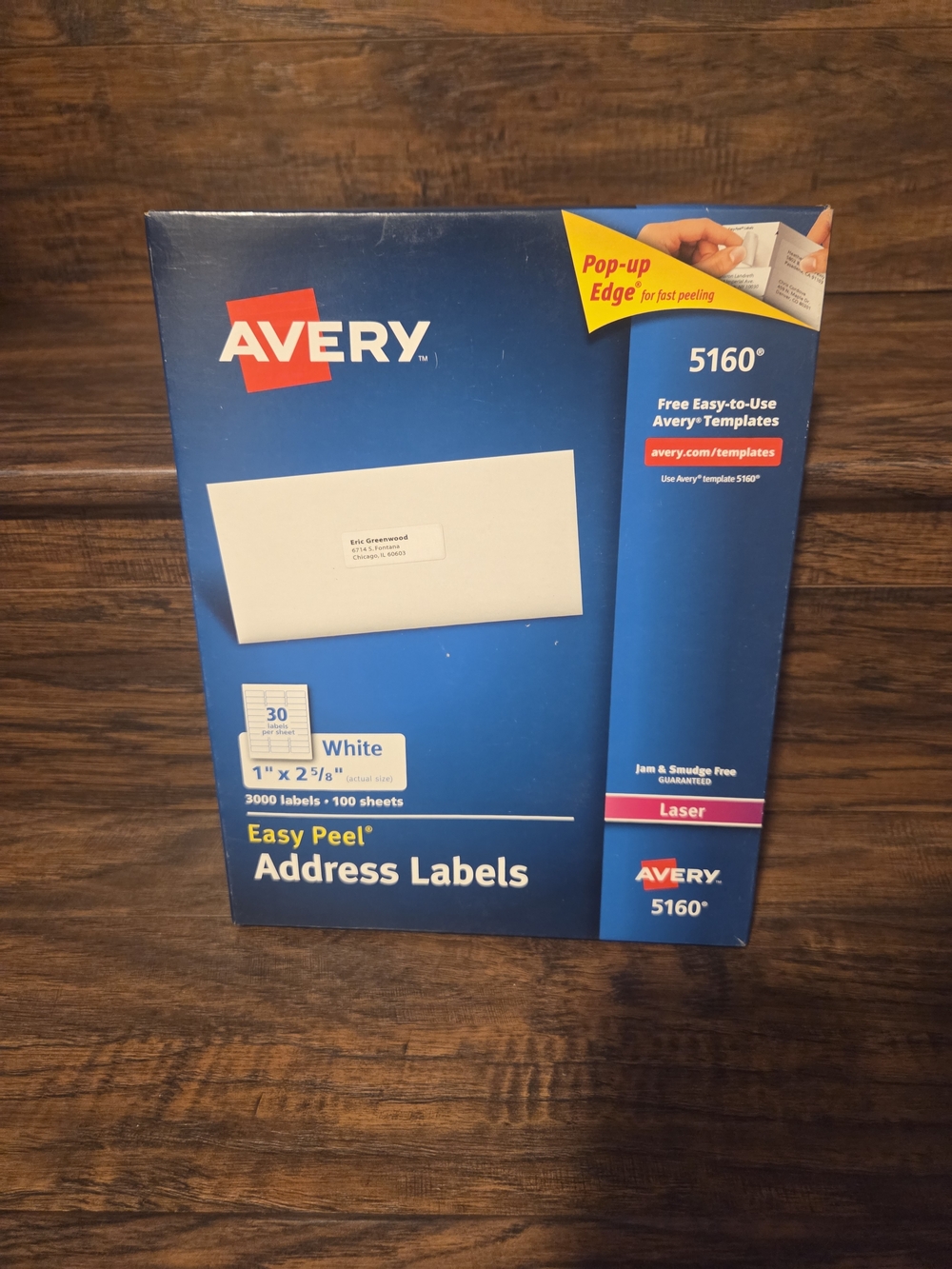 Avery 5160 Easy-peel White Laser Address Labels Quantity 3000 Labels 1” X 2 5/8”